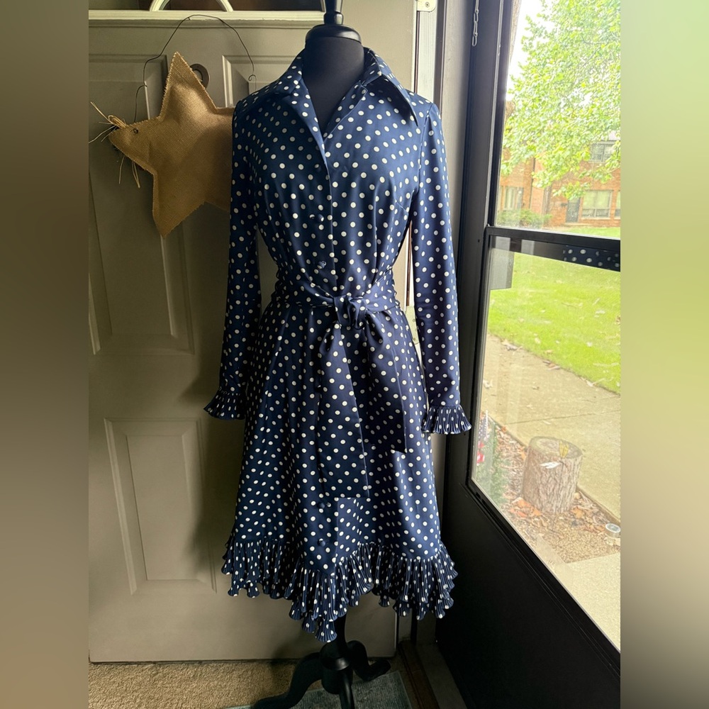 Vintage Victor Costa ruffle polka dot midi waist tie cocktail dress, size 10